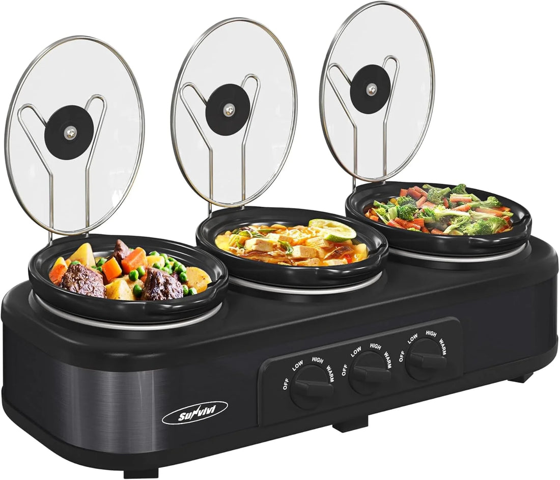 Triple Slow Cooker Buffet Servers and Warmer,3 Pot Food Small Mini Manual Slow Cooker with Adjustable Temp Stainless Steel Lid Rests,Removable Ceramic Pot,4.5 QT